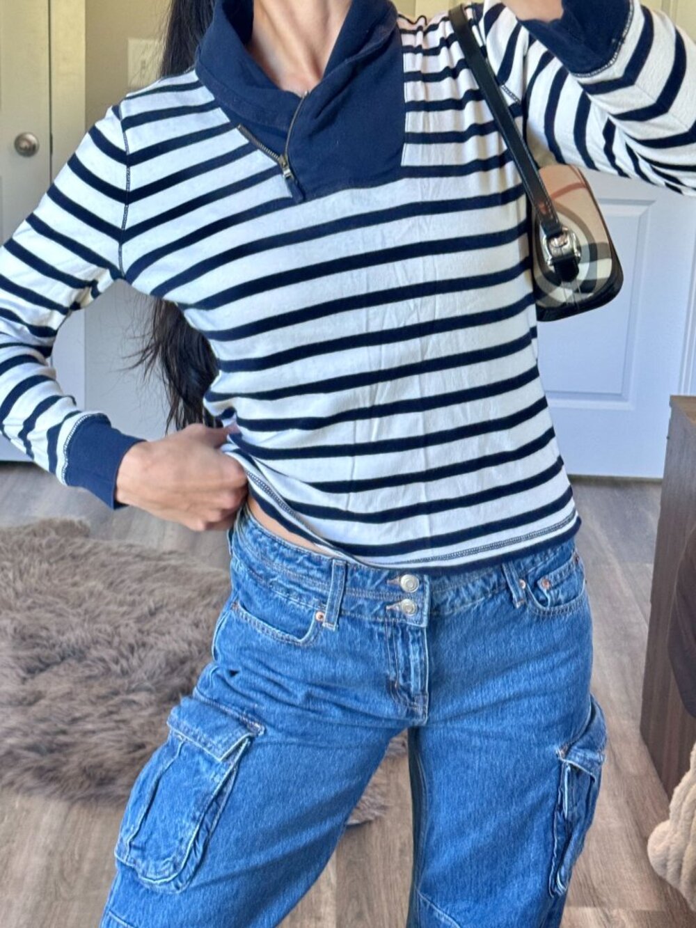 Lauren Ralph Lauren Striped Shawl Neck Long Sleeve Womens M Nautical Preppy Navy